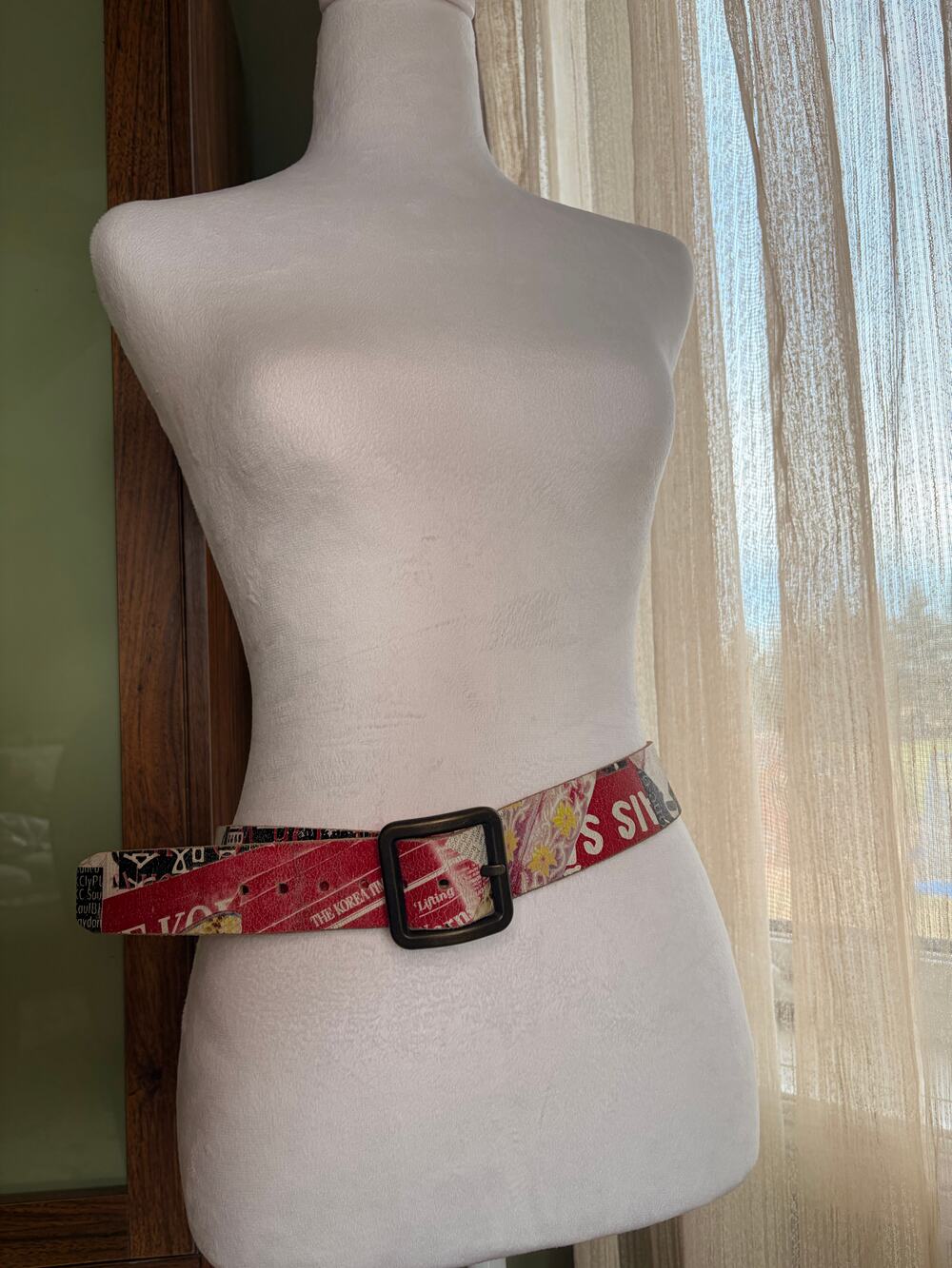 Vintage BRAVE Beltworks Leather Belt Size 32 Newspaper Print Red Black Y2K Punk
